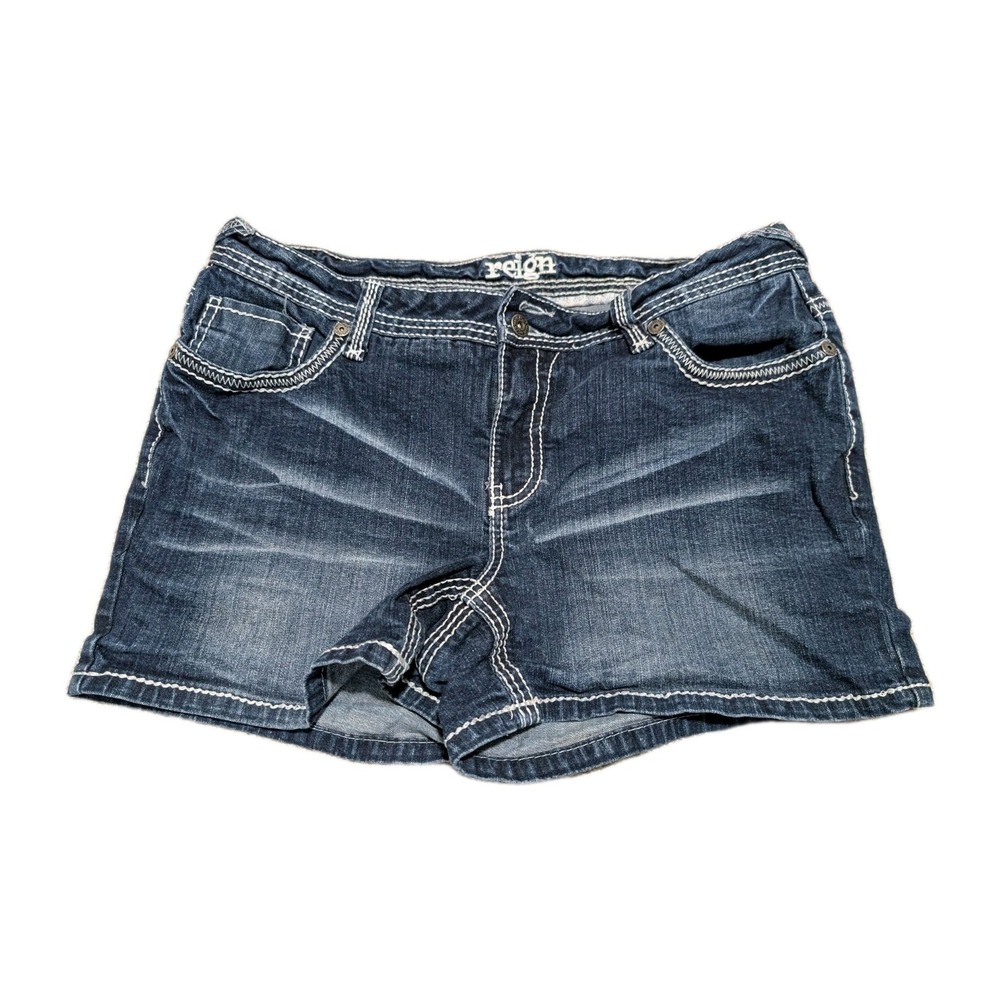 Reign Womens Denim Shorts Size 18 Blue Embroidered Pockets Thick Stich